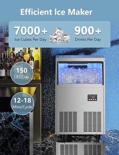 Coolski Commercial Ice Maker Machine, 150LBS/24H Under Counter Ice Maker with 35LBS Ice Storage,Stainless Steel Freestanding Ice Maker for Restaurant, Home, Bar, Office, Party, Outdoor Activities