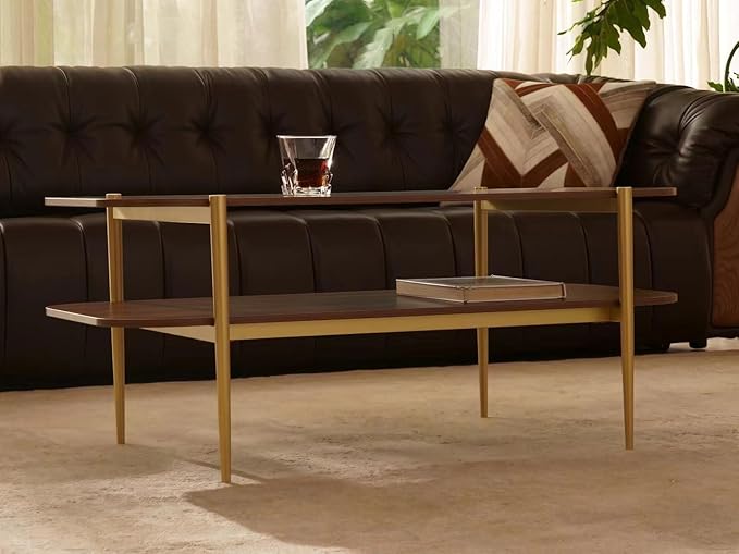 Shrine Rectangle Coffee Table, Mid-Century Modern Design, Two-Tier Walnut MDF Rounded Corner Table, 41" D x 21" W x 17" H, Sleek Conical Metal Legs with Gold Finish