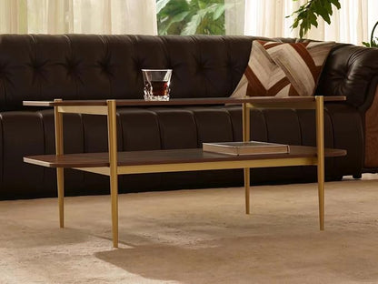 Shrine Rectangle Coffee Table, Mid-Century Modern Design, Two-Tier Walnut MDF Rounded Corner Table, 41" D x 21" W x 17" H, Sleek Conical Metal Legs with Gold Finish