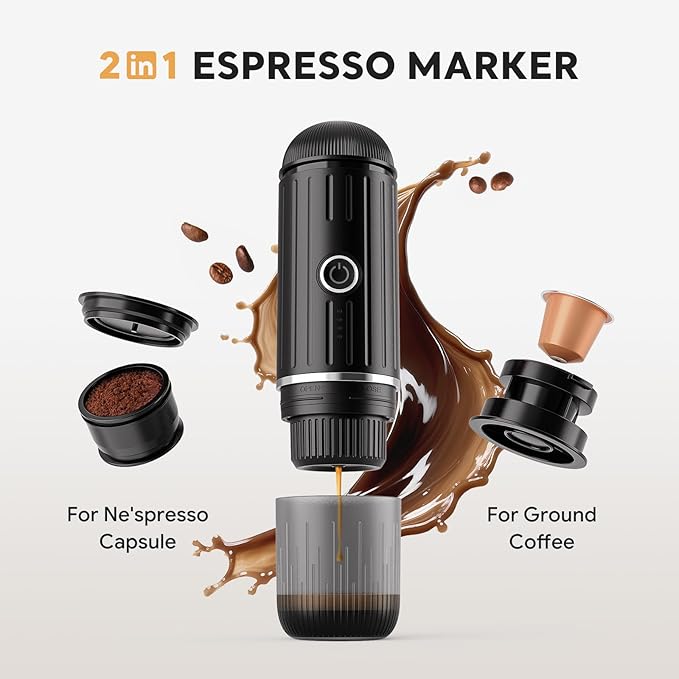 Portable Electric Espresso Machine, Travel Coffee Maker for Camping, Car Self-Heating Coffee Machine with USB-C, Compatible With NS Capsules & Ground Coffee, Portable Coffee Maker for Hiking,RV,Office