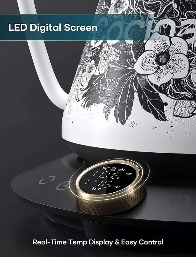 Cocinare FLOW M9 Electric Gooseneck Kettle, ±1℉ Temperature Control for Pour-over Coffee & Tea, Stainless Steel Interior, Quick Heating for Boiling Water (New Blossom)