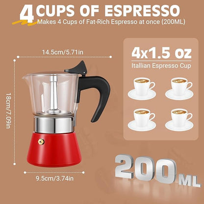 Induction Moka Pot, 4 Cups (7.1 oz) Crystal Glass-Top & Stainless Steel Moka Pot, Classic Stovetop Espresso Maker, Red