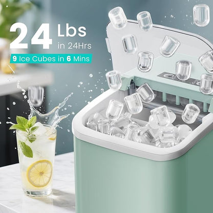OLIXIS Ice Maker Machine with Handle,26lbs in 24Hrs,9 Ice Cubes in 6 Mins,Auto-Cleaning Portable Ice Maker with Basket and Scoop, Countertop Ice Maker for Home/Kitchen/Camping/RV, Sleek Green