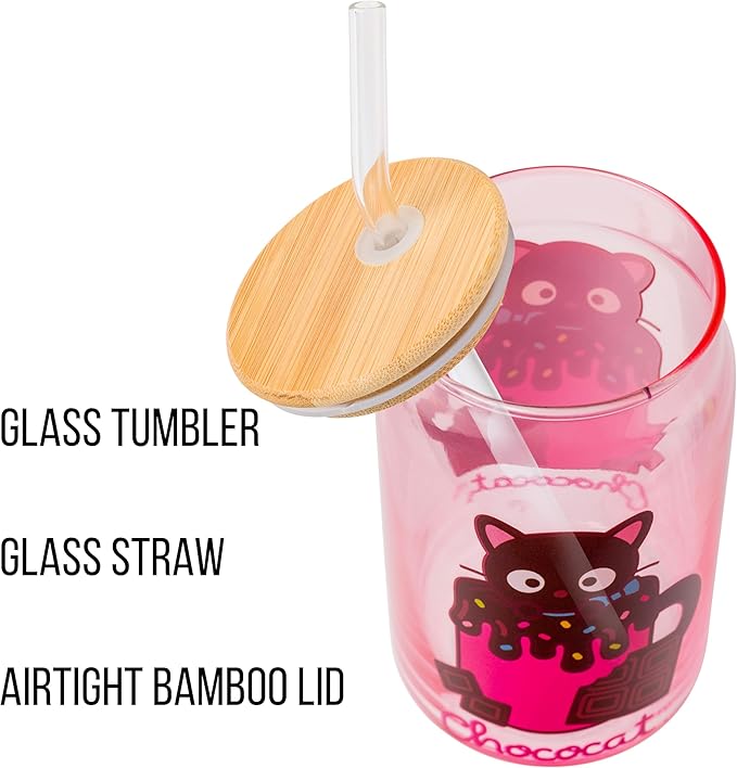 Silver Buffalo Sanrio Hello Kitty & Friends Chococat Chocolate Pink Glass Jar Tumbler with Bamboo Lid and Glass Straw, 16 Ounces