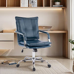 Load image into Gallery viewer, Mid-Back Ergonomic Leather Office Chair, Modern Upholstered Executive Desk Chair with Gold Frame Armrest Computer Task Chair (Dark Blue &amp;Silver Legs)