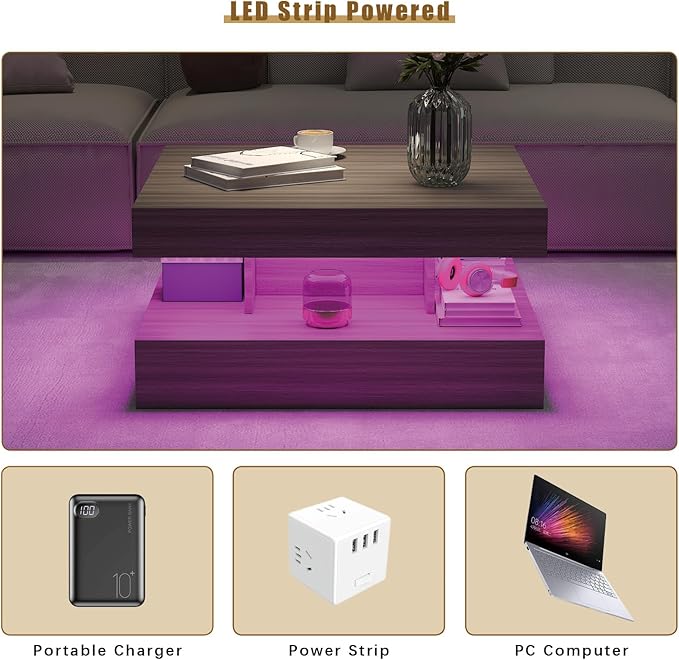 LED Coffee Table for Living Room, Living Room Table 2-Tier Square Middle Center Table, Modern Coffee Tables with Storage, Contemporary Wood Tea Tables for Dining Reception, Grey Wood