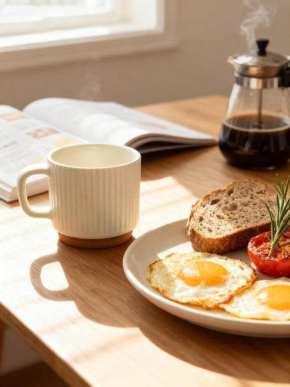 10OZ Small Stackable Coffee Mugs, Ceramic Coffee Mugs with Stripe Patterns for Man,Woman,Dad,Mom, Modern Coffee Mugs Set of 4 for Latte/Cappuccino/Cocoa/Tea. Dishwasher&Microwave Safe, Beige