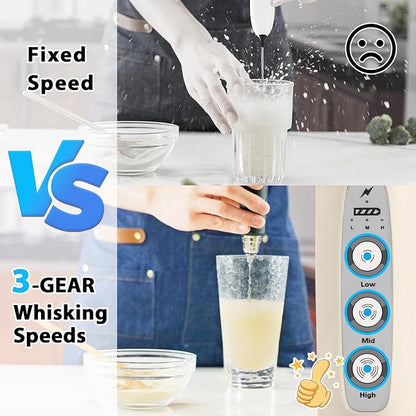 Milk Frother Rechargeable Handheld-Electric Whisk 3 Speed Adjustable, Coffee Frother Wand with 3 Stainless Whisks, Foam Maker, Drink Mixer Blender for Latte Cappuccino Matcha Egg (With Stand, Beige)