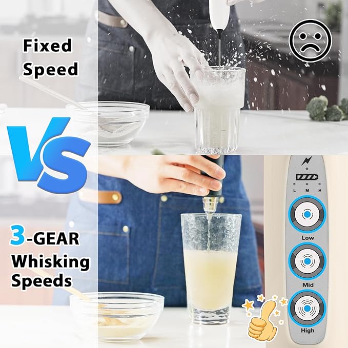Milk Frother Rechargeable Handheld-Electric Whisk 3 Speed Adjustable, Coffee Frother Wand with 3 Stainless Whisks, Foam Maker, Drink Mixer Blender for Latte Cappuccino Matcha Egg (With Stand, Beige)