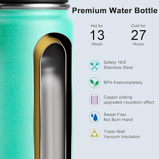 koodee Small Water Bottle 12 oz Stainless Steel Vacuum Insulated Wide Mouth Water Flask with Leakproof Spout Lid (Teal)
