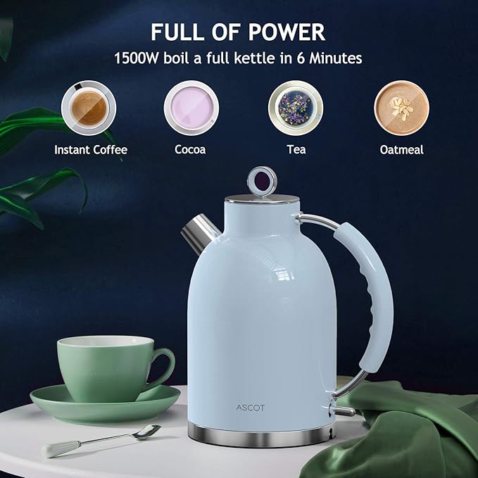 Electric Kettle, ASCOT Electric Tea Kettle, Stainless Steel Kettle Water Boiler, Fast Boiling Kettle, 1.5L, 1500W, BPA-Free, Cordless, Automatic Shutoff, Boil-Dry Protection, Blue