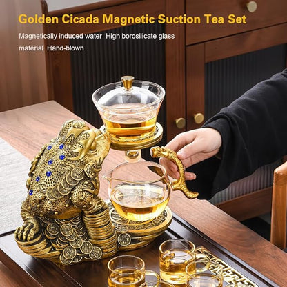 Creative Golden Cicada Shaped Magnetic Tea Pot - Semi Automatic Glass Teapot with Lazy Kungfu Drip Function - Suitable for Home/Office Reception Tea Set