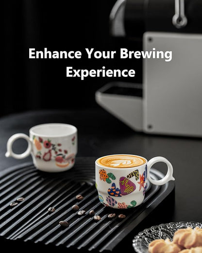 Ceramic Espresso Cups Set of 2 – Mini 3 oz Double Espresso Coffee Cups Small Espresso Shot Cups with Cute Q Handle, Gift for Coffee Lovers, Floral and fruit Patterns-White