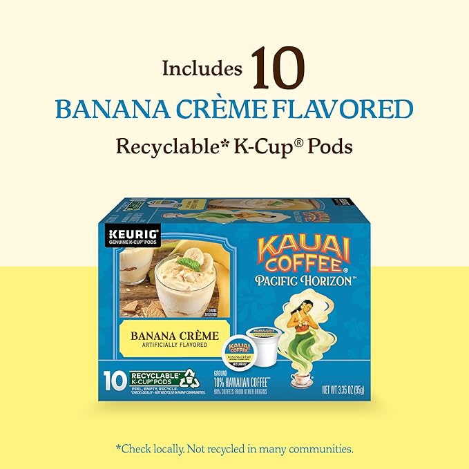 Kauai Coffee K-Cup Pods for Keurig Brewers – Arabica Coffee, 10% Hawaiian – Medium Roast, Banana Flavor with Creamy Vanilla – Banana Crème, 1 Pack of 10 Single Serve K-Cups