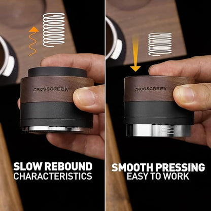 CrossCreek 54mm Espresso Tamper | Slow-Rebound Tamping Tools Fits 54mm Breville Barista Espresso Portafilter | Spiral-Pattern Base | Stainless Steel & Walnut Tamper | Espresso Machine Accessories