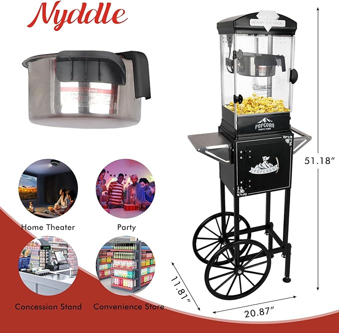 Popcorn Machine with Cart, Wheels & 10 Oz Kettle Popcorn Maker, Movie Theater Popcorn Maker Machine, Home Theater Popcorn Popper Measuring 3 Plastic Spoons