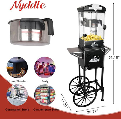 Popcorn Machine with Cart, Wheels & 10 Oz Kettle Popcorn Maker, Movie Theater Popcorn Maker Machine, Home Theater Popcorn Popper Measuring 3 Plastic Spoons