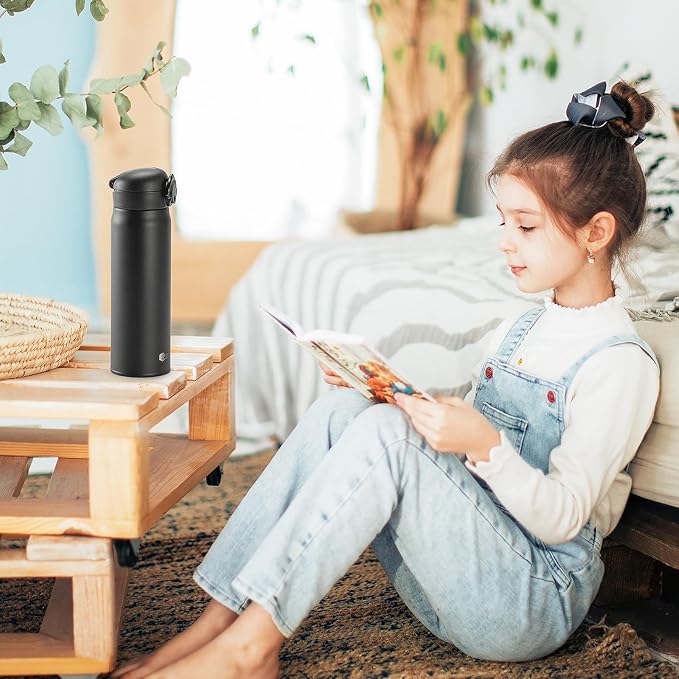 17 oz / 500 ml Insulated Water Bottle, Stainless Steel Thermo Coffee Travel Mug, Thermal Cup with Snap Flip Lid, BPA Free for Hot and Cold Drinking, Black