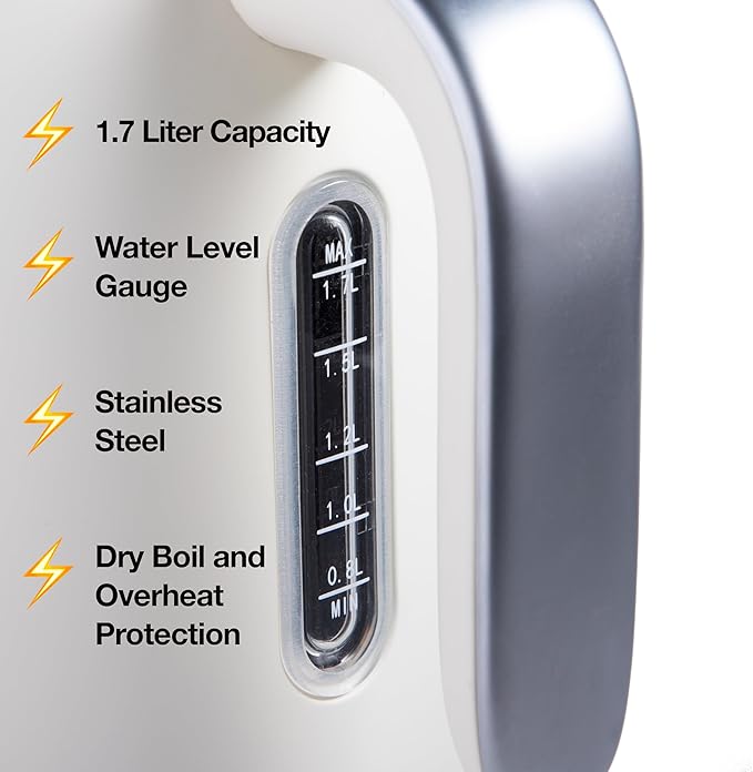 Rae Dunn Electric Hot Water Kettle - Stainless Steel Coffee Maker, Tea Kettle, Swivel Base, With Automatic Shut Off Boil-Dry Protection, Easy Pour Pitcher, 1500 Watt Boiling Power, 1.7 Liters, Cream