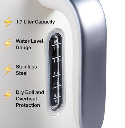 Rae Dunn Electric Hot Water Kettle - Stainless Steel Coffee Maker, Tea Kettle, Swivel Base, With Automatic Shut Off Boil-Dry Protection, Easy Pour Pitcher, 1500 Watt Boiling Power, 1.7 Liters, Cream