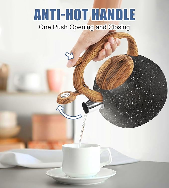 Whistling Tea Kettle Stovetop, Tea Pots for Stove Top Food Grade Stainless Steel with Wood Pattern Handle, 3.2Quart (Black)
