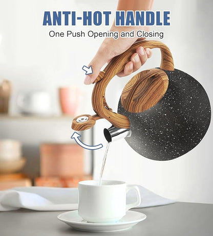 Whistling Tea Kettle Stovetop, Tea Pots for Stove Top Food Grade Stainless Steel with Wood Pattern Handle, 3.2Quart (Black)