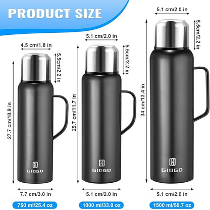 Insulated Vacuum Thermo Bottle 750ml/25.4oz with Cup Stainless Steel Coffee Bottles for Hot and Cold Drink Water Flask.(Black, with Handle, 750ml)