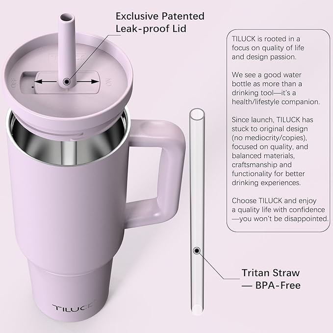 TILUCK 40 oz Tumbler with Handle, Vacuum Insulated Stainless Steel Travel Mug with 100% Leak-Proof Silicone Straw Lid, Cupholder Friendly Water Bottle(LightPurple, 40oz)