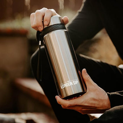London Sip 25 oz Multi-Function Travel Mug and Tumbler Tea Infuser Water Bottle Fruit Infuser Flask Hot and Cold Double Wall Stainless Steel Coffee Thermos, Cosmic Silver
