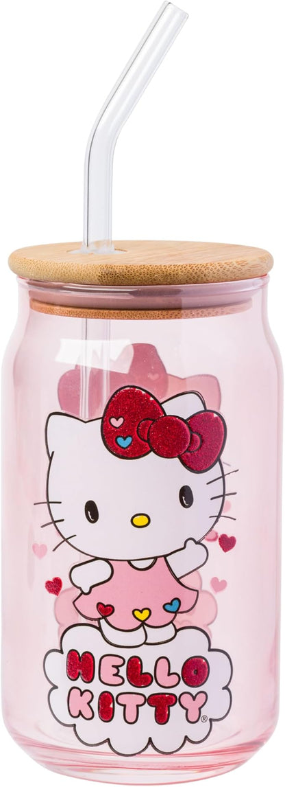 Silver Buffalo Sanrio Hello Kitty 2 Pack Iridescent Glitter Glass Jar Tumbler with Bamboo Lid and Glass Straw, 16 Ounces