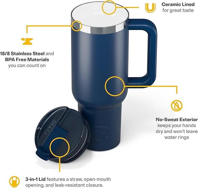 RTIC 40 oz Road Trip Tumbler Double-Walled Insulated Stainless Steel Portable Travel Coffee Mug Cup with Lid, Handle and Straw, Ceramic-Lined, Navy