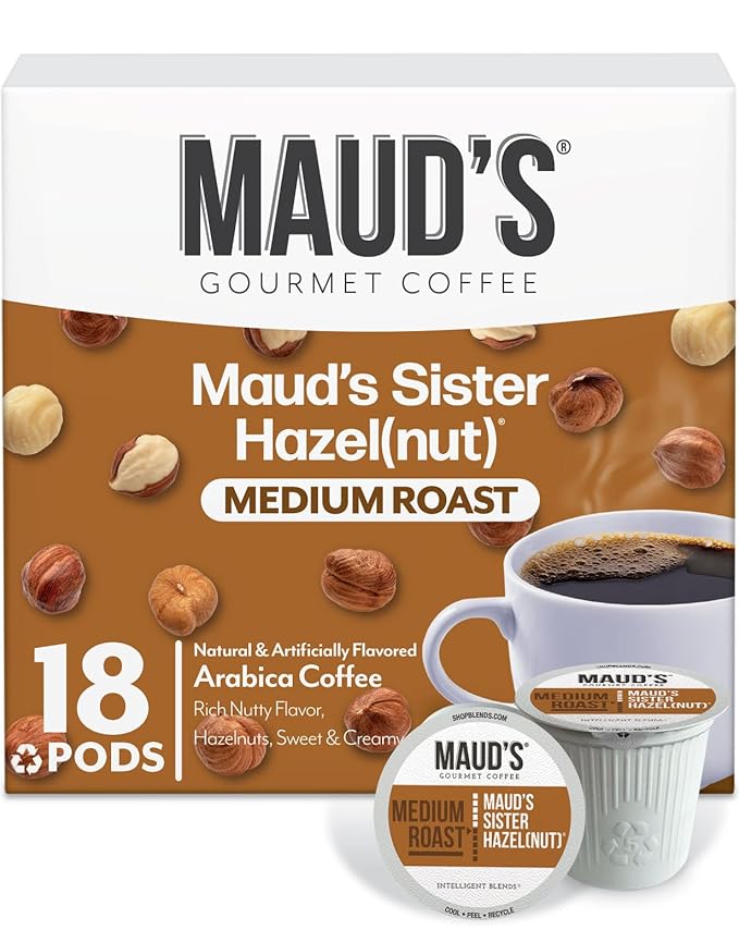Maud's Sweet Hazelnut Flavored Coffee Pods, 18 ct, Medium Roast Flavored Coffee in Recyclable Single Serve Pods – 100% Arabica Beans, Compatible with Keurig K Cups Maker