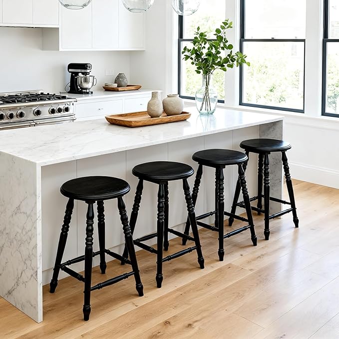 chairus 24" Black Backless Counter Height Bar Stools Set of 2, Farmhouse Wooden Counter Stools with Round Seat & Turned Legs, Rustic Vintage Colonial Short Bar Chairs for Kitchen Island