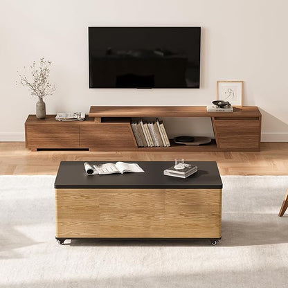 homary Modern 47" Lift-Top Coffee Table, Black & Walnut with 3 Drawers, 2 Open Storage Compartments, Hidden Cabinet, Convertible Dining Office Table for Living Room Small Spaces