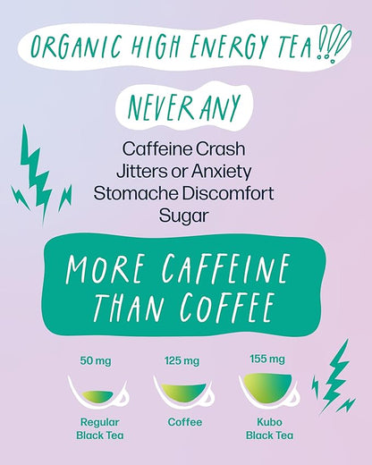 High Caffeine Tea (155 mg) - Kubo Tea: Organic Tropical Green Tea Bags for Clean Energy & Focus | Healthy Coffee Substitute | Refreshing Caffeine Blend | 20 Ct | Compostable Packaging