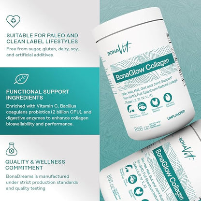 BonaGlow - Hydrolyzed Collagen Types I, II, III, IV, V, X - Premium Blend - 24 Servings - with Vitamin C, Digestive Enzymes - Sugar-Free, Non-GMO, Paleo-Friendly - Skin, Hair, Nails.