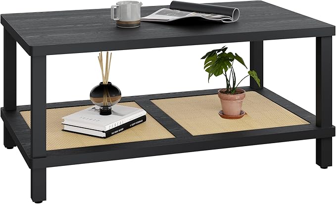 Rattan Coffee Table for Living Room,2-Tier Wooden Center Table with Hand Made Rattan Decorated,39.3 Inch Living Room Tbale with Rounded Corners,Boho Coffee Table,Easy Assembly Black LCT55BK