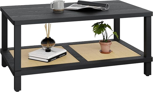 Rattan Coffee Table for Living Room,2-Tier Wooden Center Table with Hand Made Rattan Decorated,39.3 Inch Living Room Tbale with Rounded Corners,Boho Coffee Table,Easy Assembly Black LCT55BK