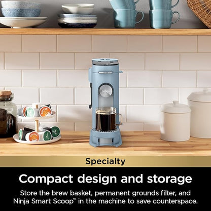 Ninja Pod & Grounds Specialty XL Single-Serve Coffee Maker, K-Cup Pod Compatible, Brews Grounds, Compact Design, Built-In Milk Frother, 68-oz. Reservoir, 6oz. Cup-24oz. Mug Sizes, Denim Blue, PB055ABL