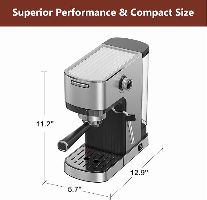 VEGETA Espresso Machine with Milk Frother, Small Coffee Maker 20 Bar with 40oz Removable Water Tank, Stainless Steel Coffee Machine for Cappuccino & Latte, Silver