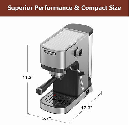 VEGETA Espresso Machine with Milk Frother, Small Coffee Maker 20 Bar with 40oz Removable Water Tank, Stainless Steel Coffee Machine for Cappuccino & Latte, Silver