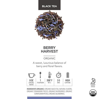 Teabloom Organic Fruity Black Tea, Berry Harvest Loose Leaf Tea, USDA Certified Organic & Kosher, Fresh Whole Leaf Blend in Reusable Gift Canister, 2.82 Ounce Loose Leaf Tea Canister Makes 35-50 Cups