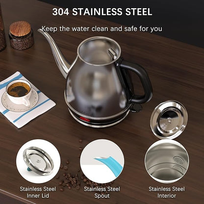 Electric Gooseneck Kettle, 1L 1500W Fast Boil, 100% Stainless Steel BPA Free Pour-Over Coffee & Tea Kettle, Water Boiler with Auto Shut & Boil-Dry Protection, Silver