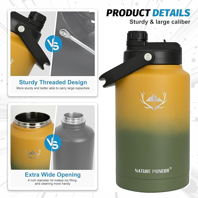 NATURE PIONEOR One Gallon Water Bottle Insulated - Large Double Vacuum Stainless Steel 128 oz Water Bottle with Holder/Carrier, 1 Gallon Water Jug,128oz, Wide Mouth