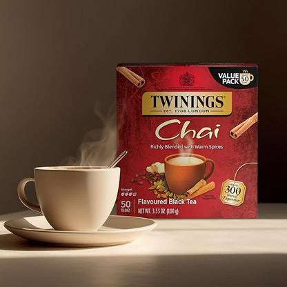 Twinings Chai Black Tea Individually Wrapped Bags, 50 Count (Pack of 6), Sweet, Savoury Spices, Caffeinated, Enjoy Hot or Iced, 300 Teabags