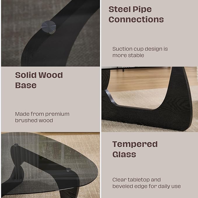 Modern Noguchi Coffee Table, Triangle Coffee Table with Tempered Glass Modern Vintage Glass Tea Table Wood Glass Accent Center Table for Living Room, 44.5”x32”x16.5”, Black Grey
