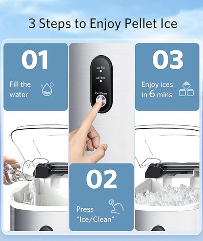 Nugget Ice Maker Countertop - Pebble Ice Maker with Self-Cleaning, 35lbs/Day, Ready in 6 Mins, Portable Sonic Ice Machine with Handle, Basket & Scoop for Home, Kitchen, RV, Outdoor (Silver)
