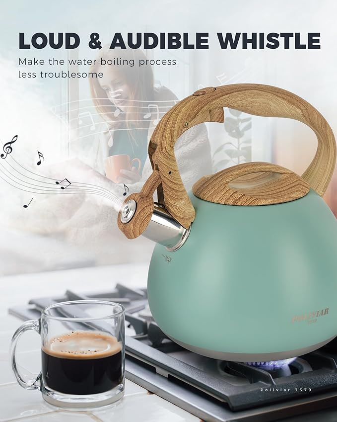 POLIVIAR Tea Kettle, 2.7 Quart Blue Finish with Wood Pattern Handle Loud Whistle Food Grade Stainless Steel Teapot, Anti-Hot Handle and Anti-Rust, Suitable for All Heat Sources JX2025-TB30
