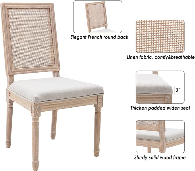 CIMOTA Farmhouse Dining Chairs Set of 2, French Rattan Dining Room Chairs with Rectangle Back/Distressed Wood Upholstered Vintage Side Chairs for Kitchen/Restaurant, Beige/2PCS