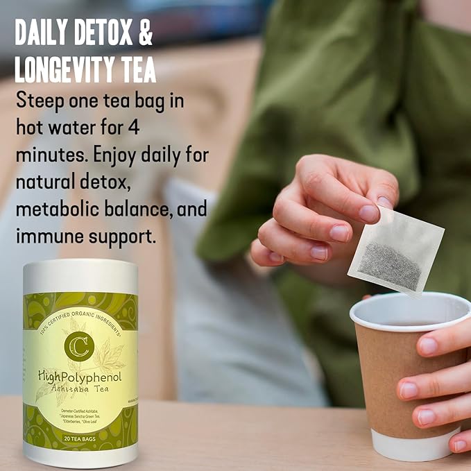 High‑Polyphenol Ashitaba Tea Blend – Demeter Certified Biodynamic U.S. Organic Ashitaba,Sencha Green Tea, with Elderberry & Olive Leaf – 20 Compostable Bags – Perfect for Detox, Metabolic Support